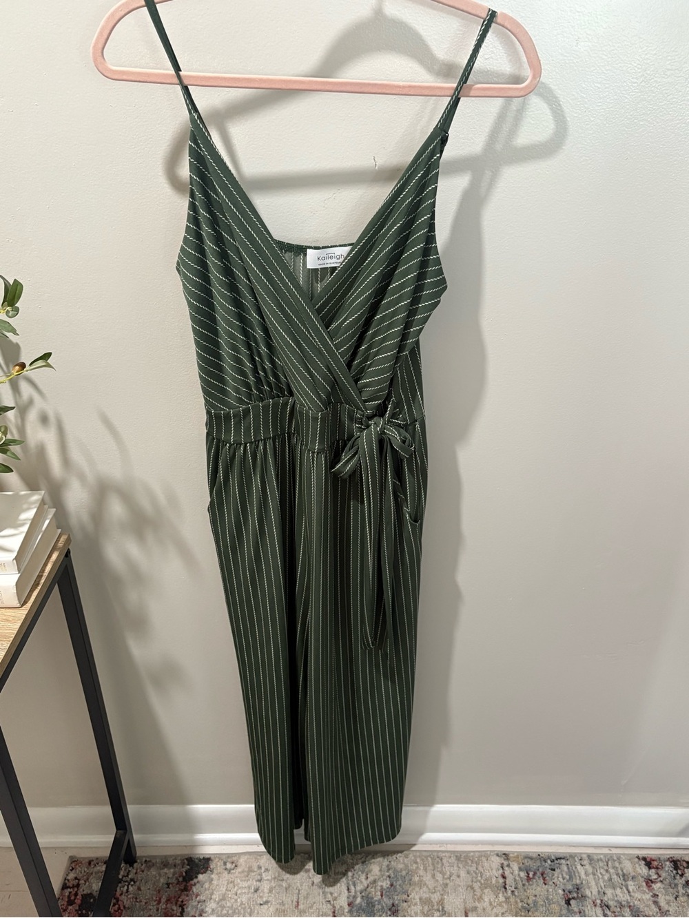 Kaileigh Olive Green Pinstripe Wrap Jumpsuit - Picture 2 of 5